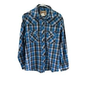 Wrangler Western Shirt Large Plaid Pearl Buttons 2 Pockets Rodeo Cowboy Large